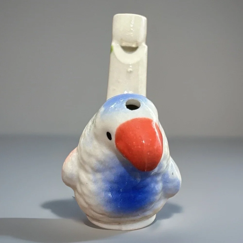 Whistle Ceramic Parrot Bird Whistle Blue Orange White Figurine MCM Style 2